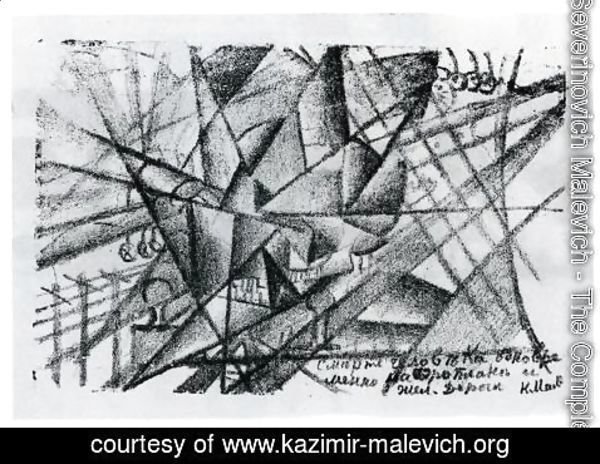Kazimir Severinovich Malevich - Death of the Man on the Airplane and on the Train at the Same Time. Illustration for
